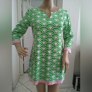 NWOT Barbara Gerwit Green & White Tunic Dress W/ PINK DETAILS SZ. MED